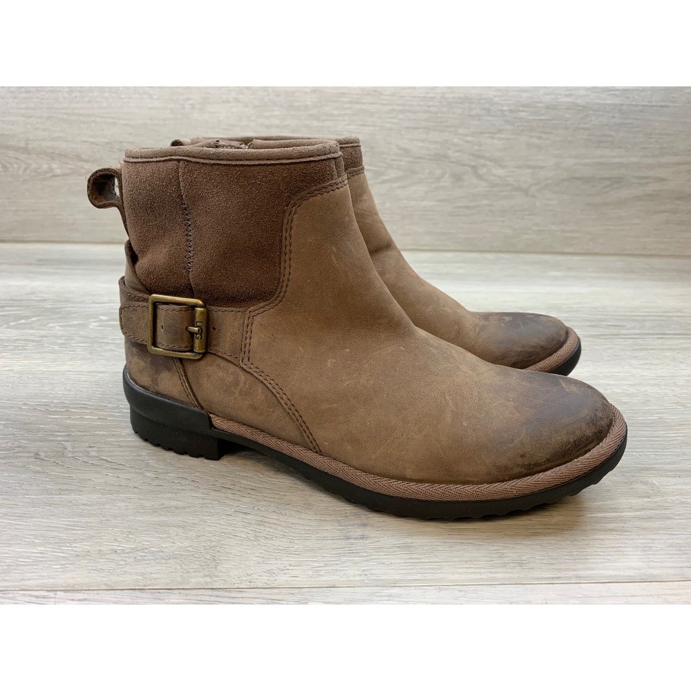 UGG Leather Ankle Boots Brown Buckle Women's 5.5 Casual Comfort Cozy Shoes
